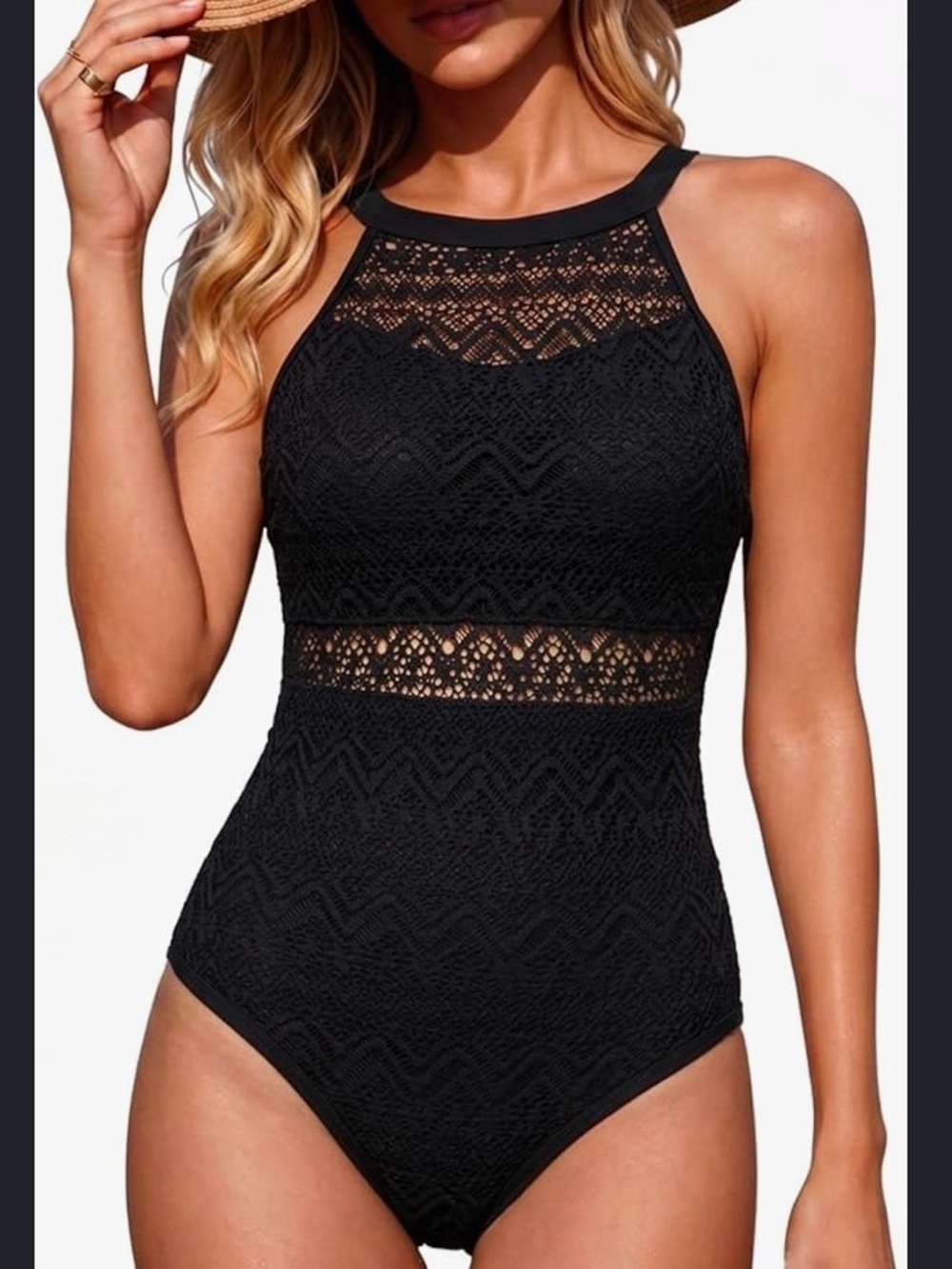 NWT- (Size S )Modest Black Crochet High Neck One-Piece Swimsuit
